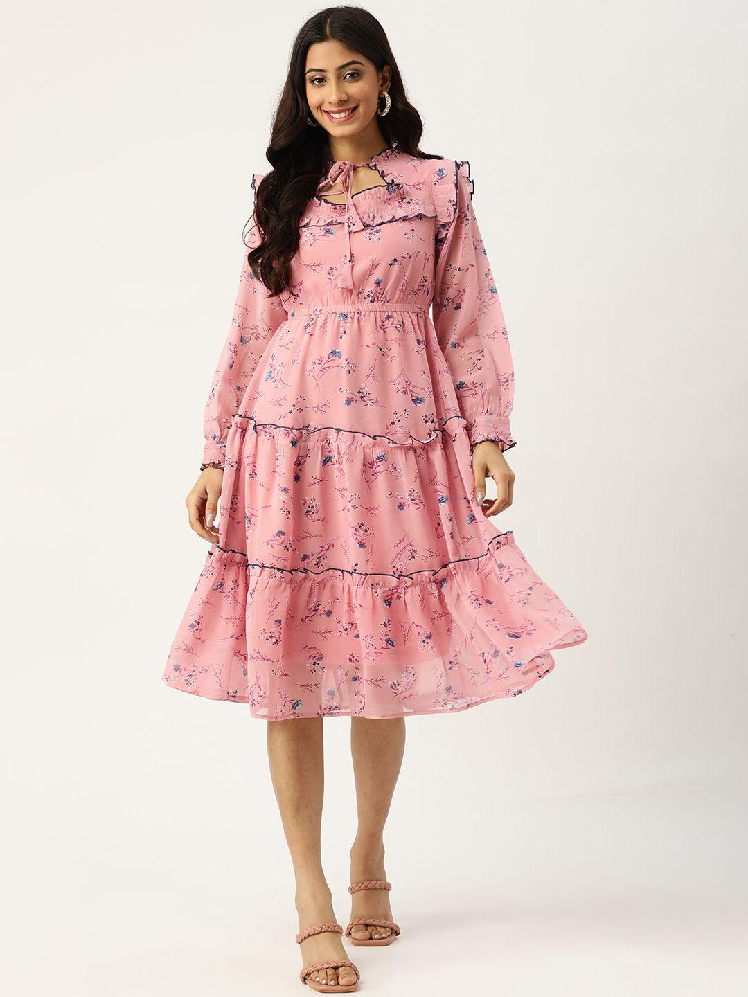 deewa pink & blue floral print tie-up neck tiered midi dress