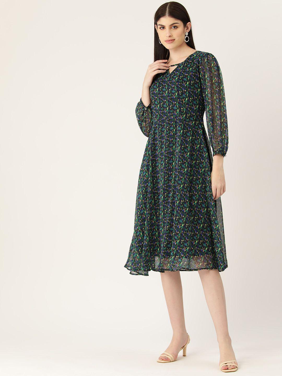 deewa printed puff sleeve chiffon fit & flare dress