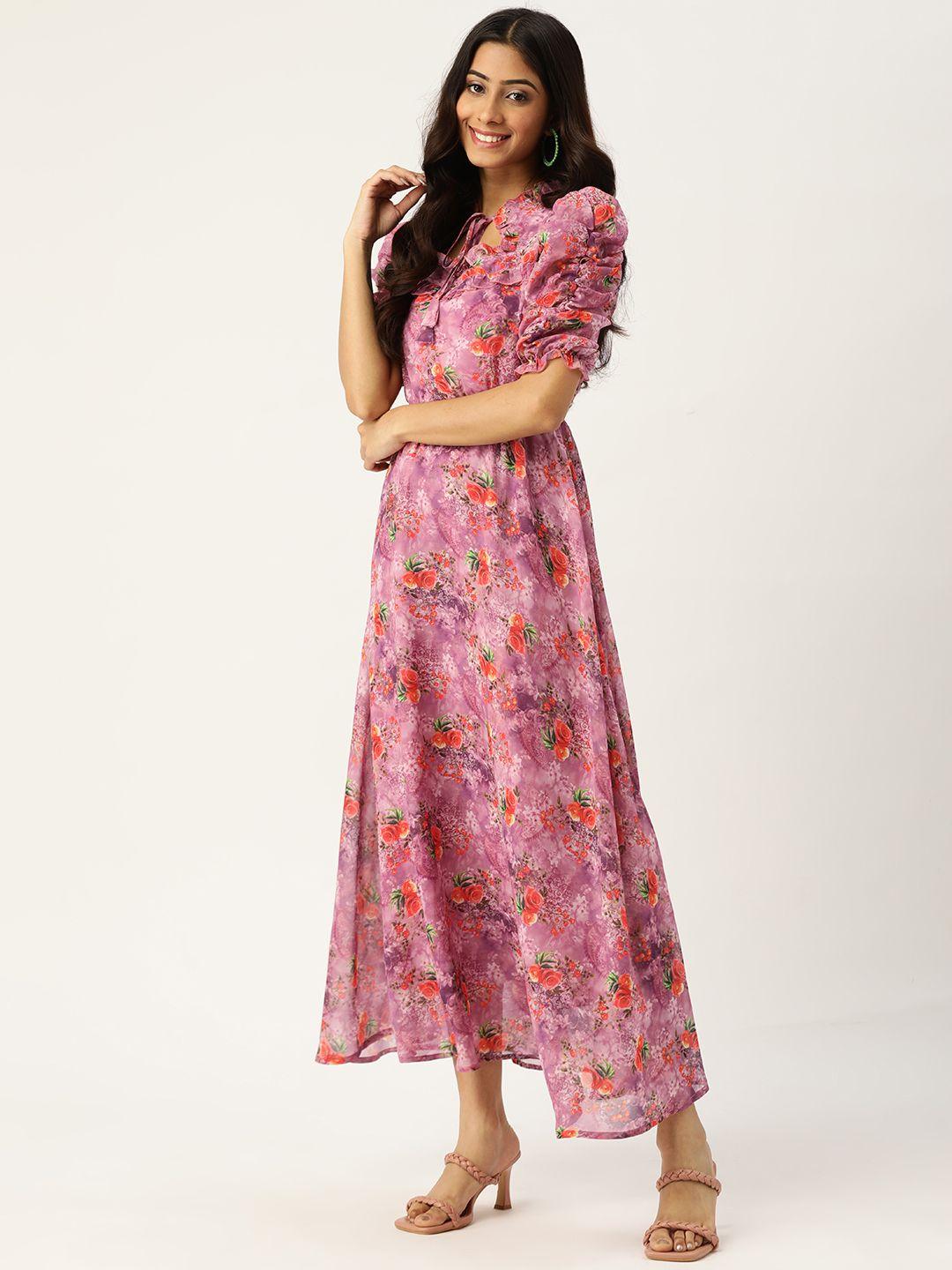 deewa purple & coral orange floral print tie-up neck power shoulders maxi dress