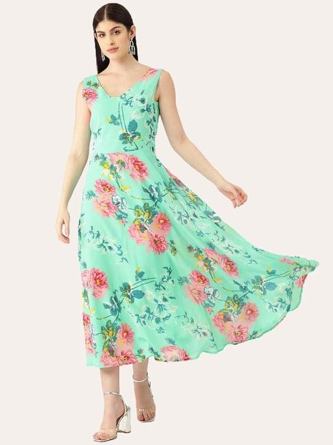 deewa sea green floral print a-line dress