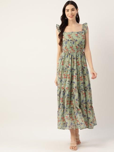 deewa sea green floral print midi dress