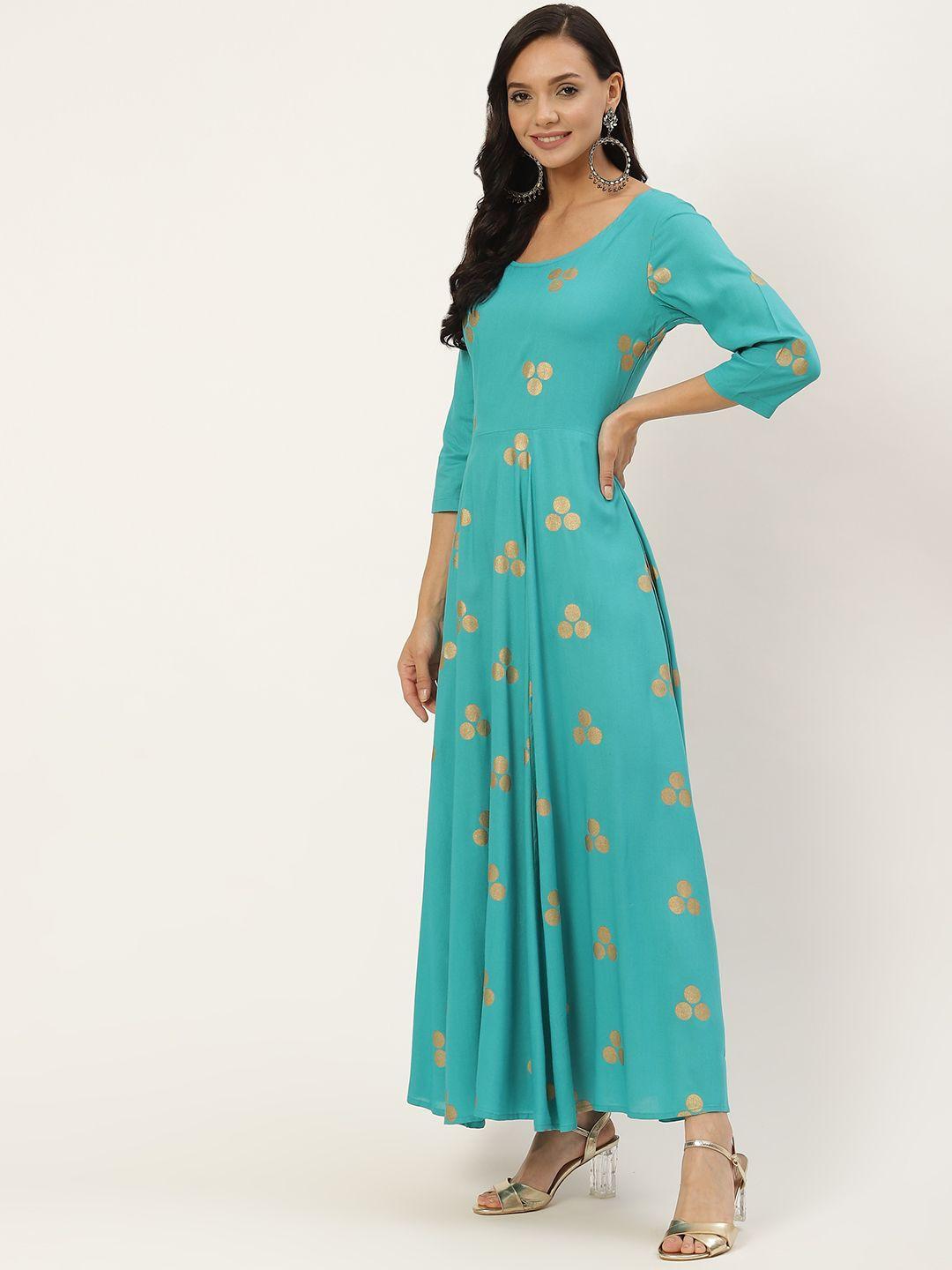 deewa turquoise blue & golden ethnic maxi dress
