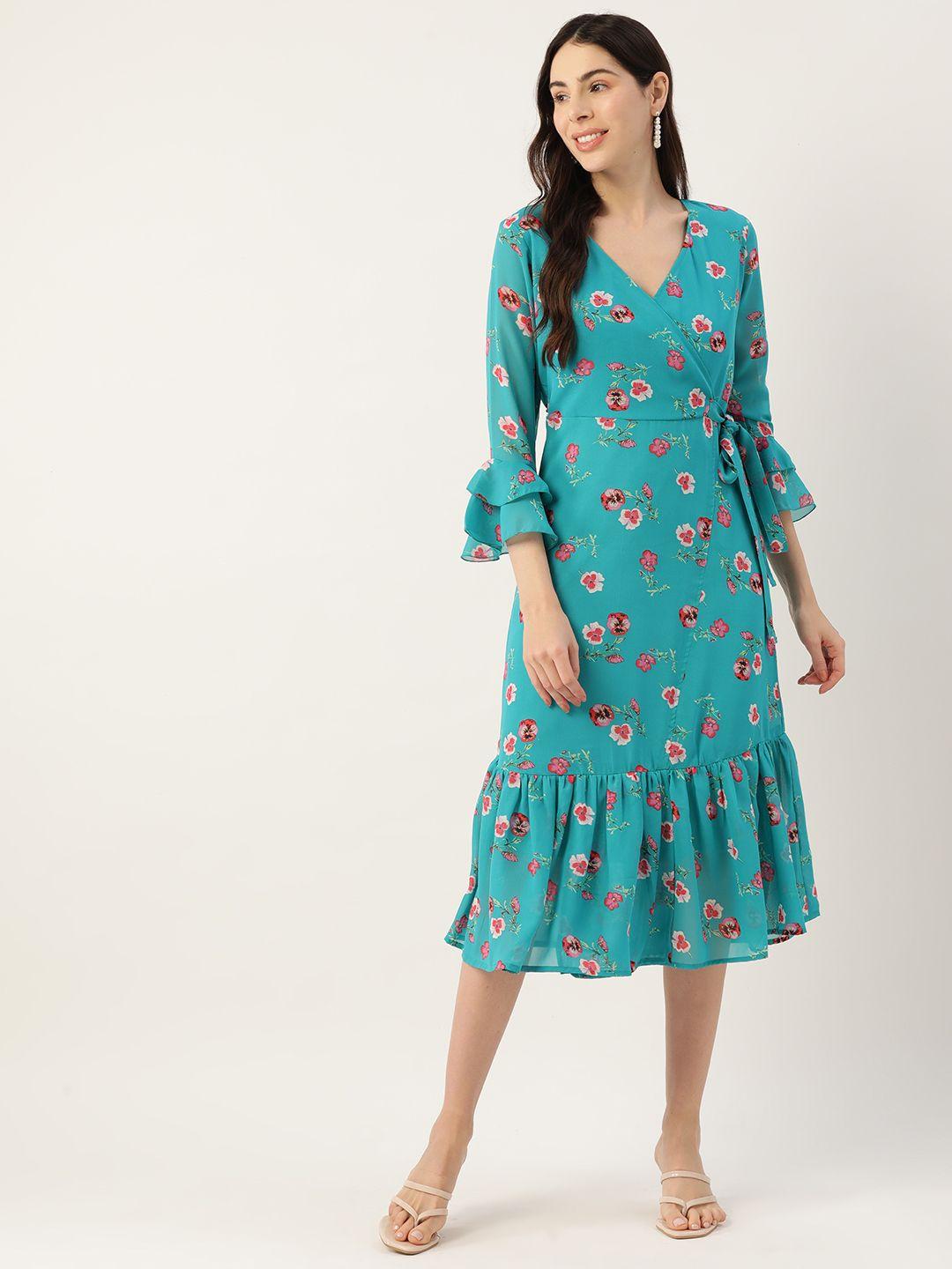 deewa turquoise blue floral georgette midi dress