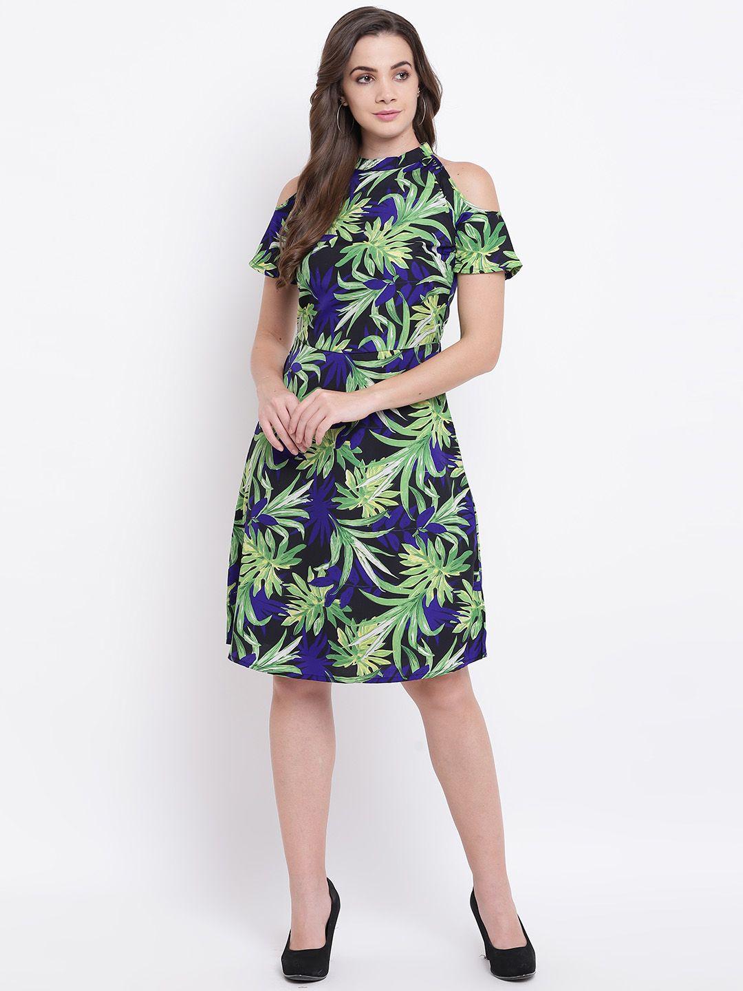 deewa women black & green tropical print a-line dress