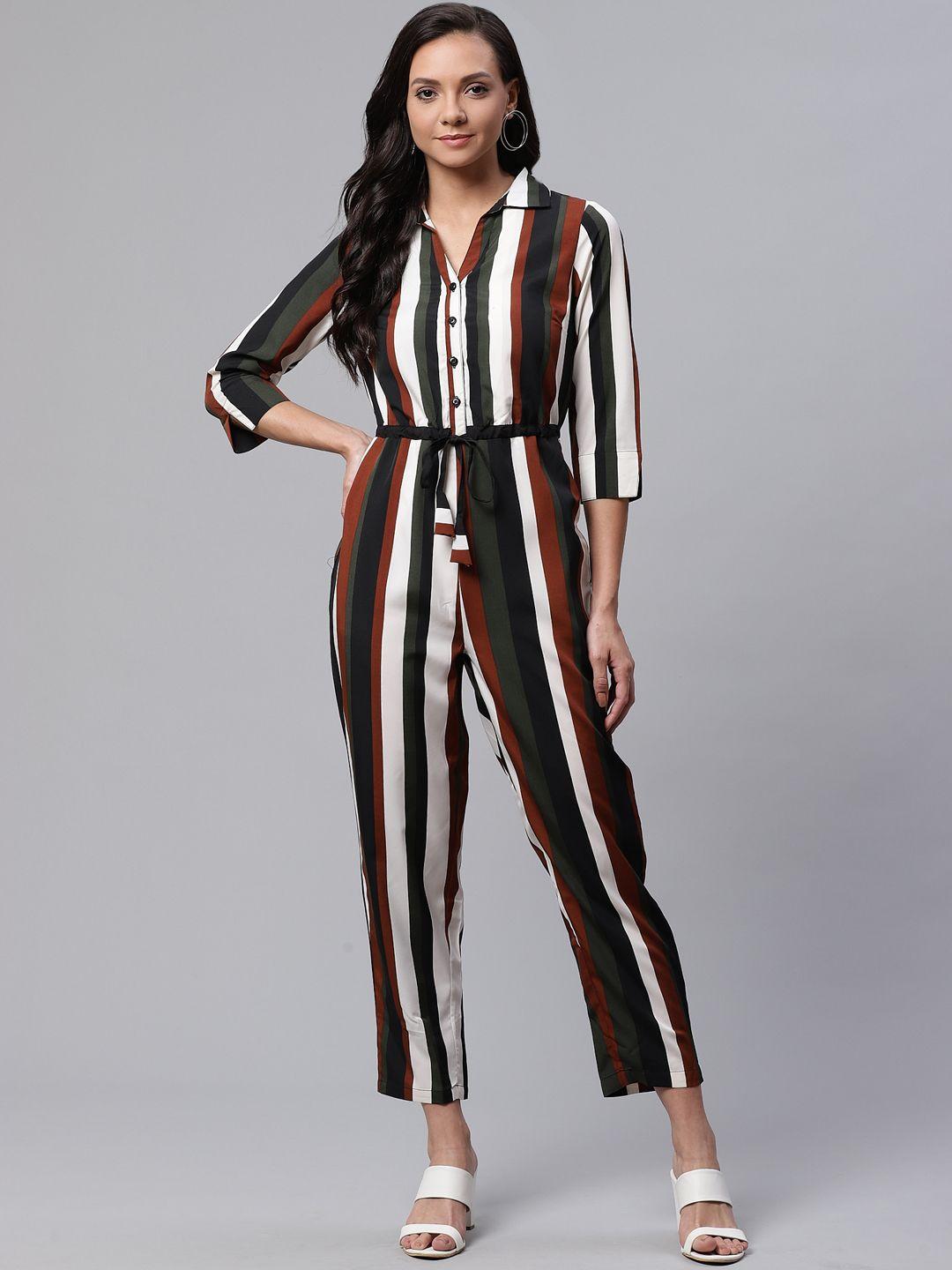 deewa women black & off-white striped basic jumpsuit
