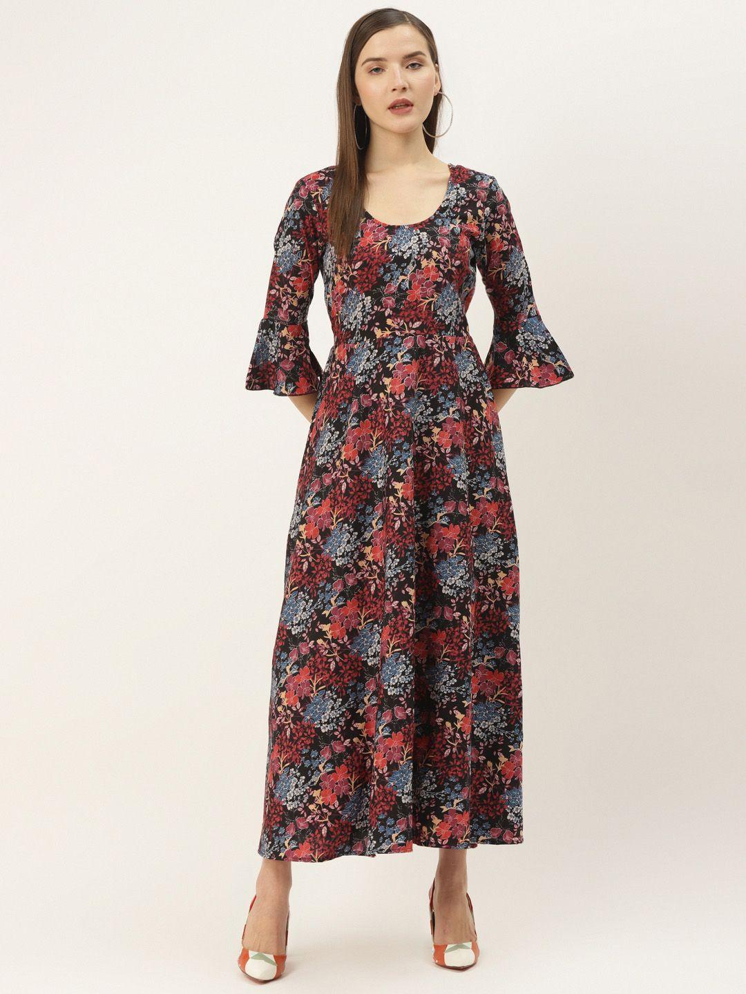 deewa women black & pink floral print maxi dress