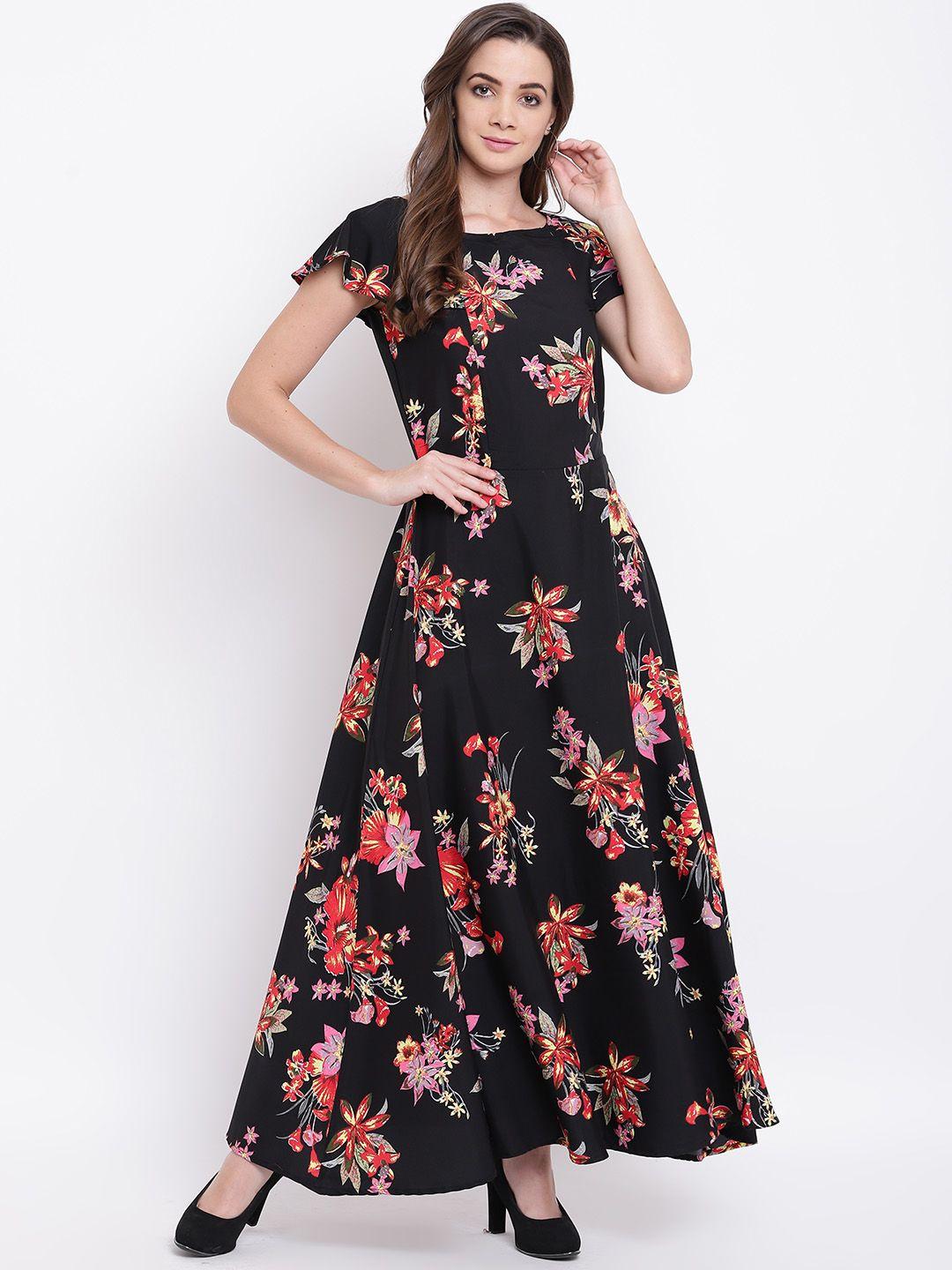 deewa women black & red floral printed maxi dress