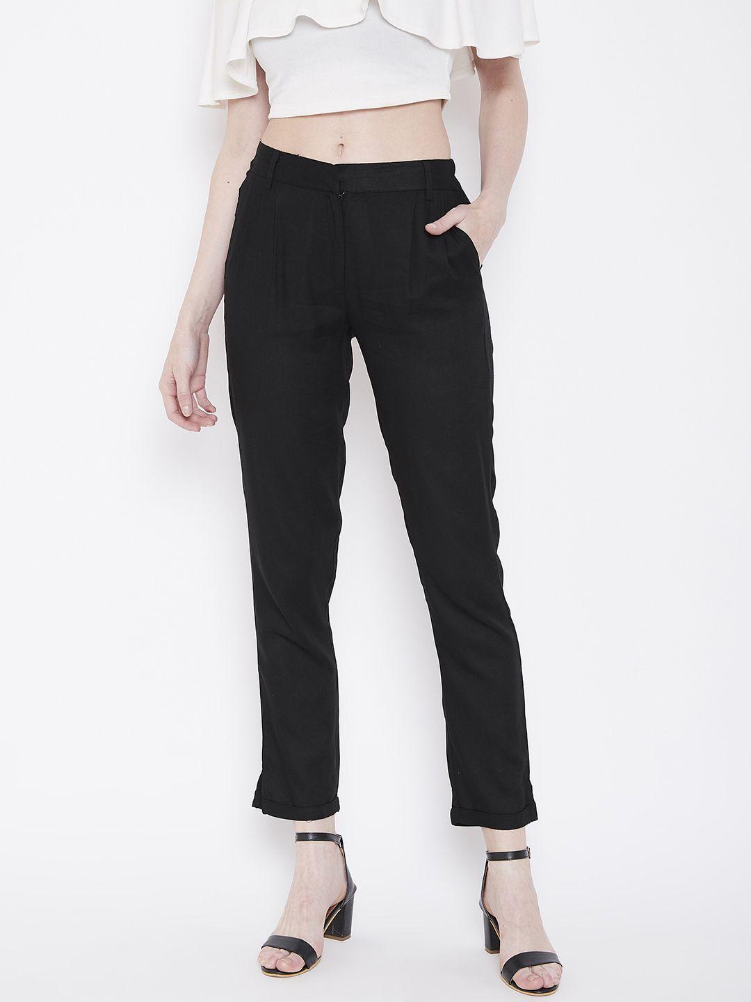 deewa women black straight fit solid regular trousers
