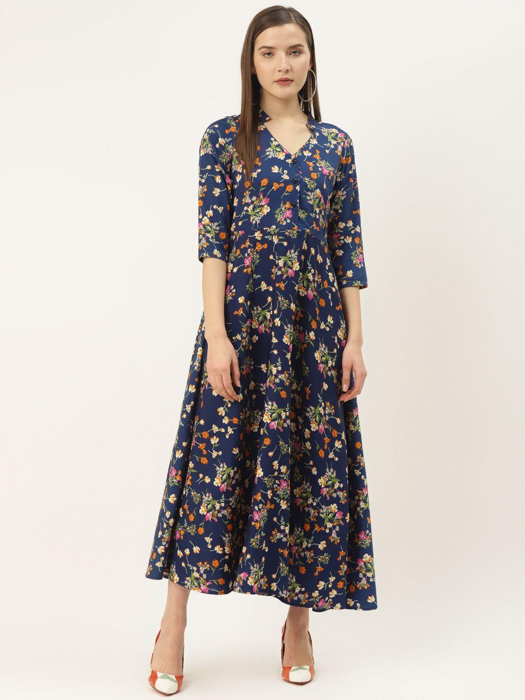 deewa women blue & orange floral print maxi dress