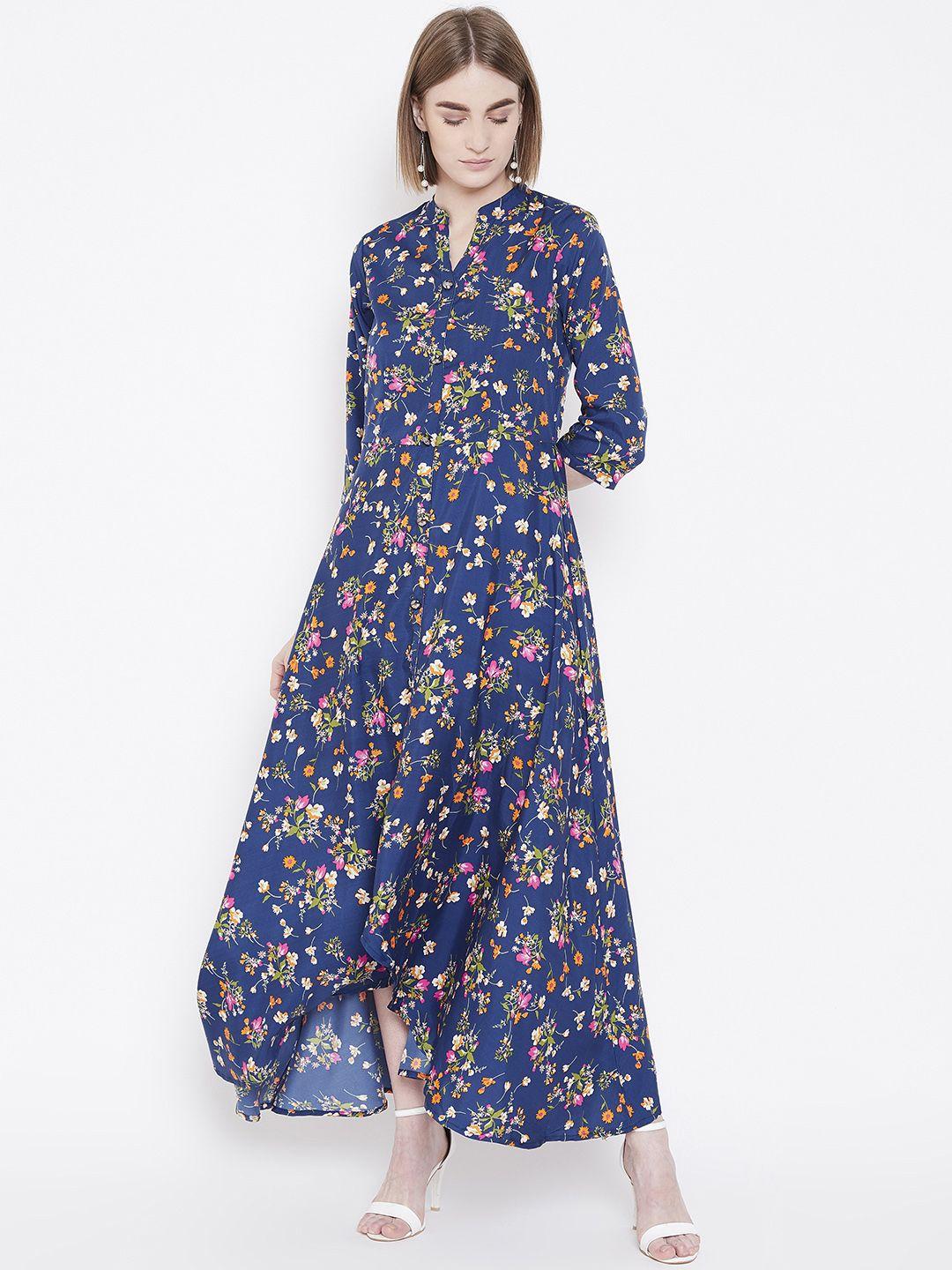 deewa women blue & pink floral printed maxi dress