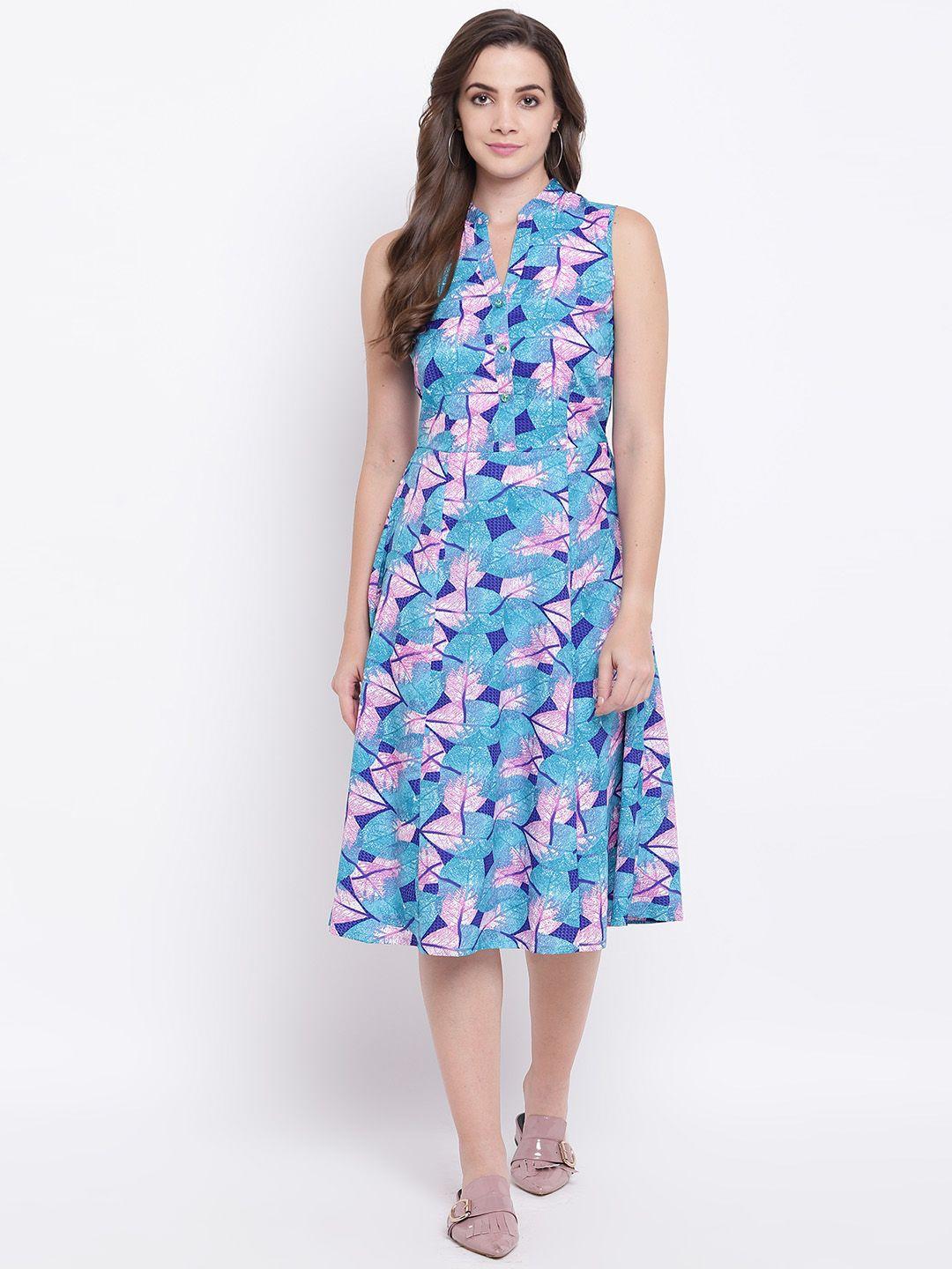 deewa women blue & pink tropical printed a-line dress