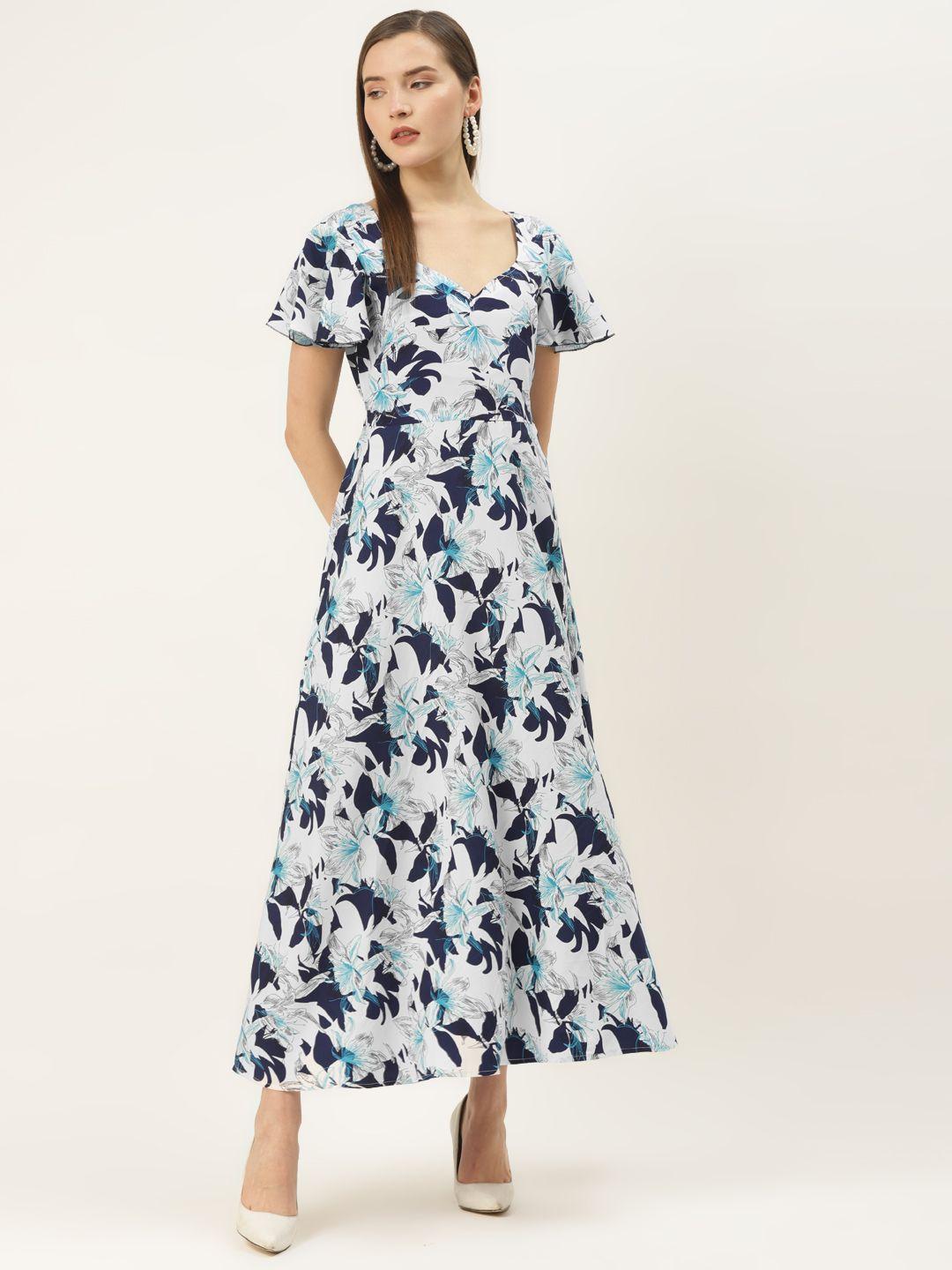 deewa women blue & white floral print maxi dress