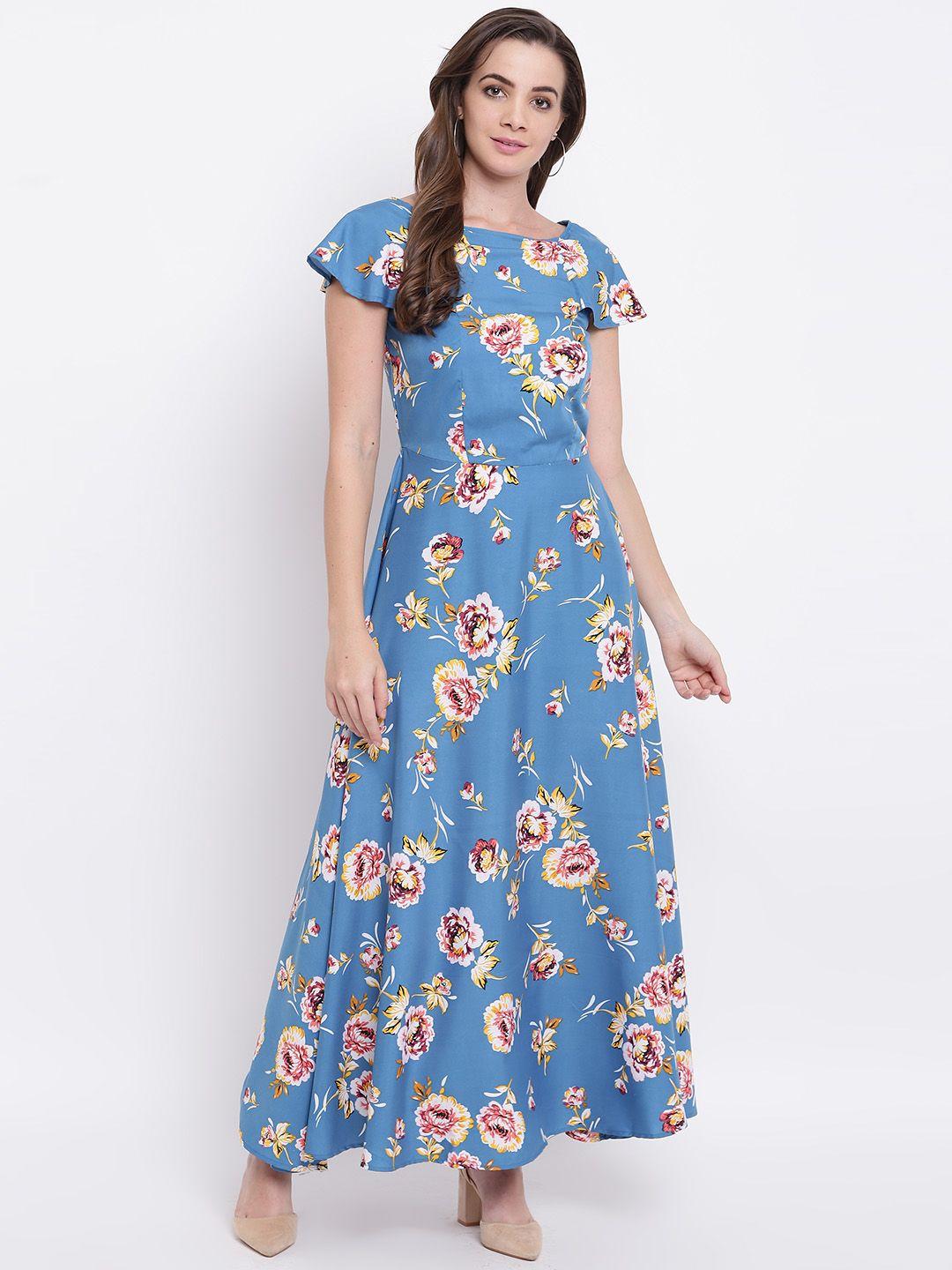 deewa women blue & yellow floral printed maxi dress