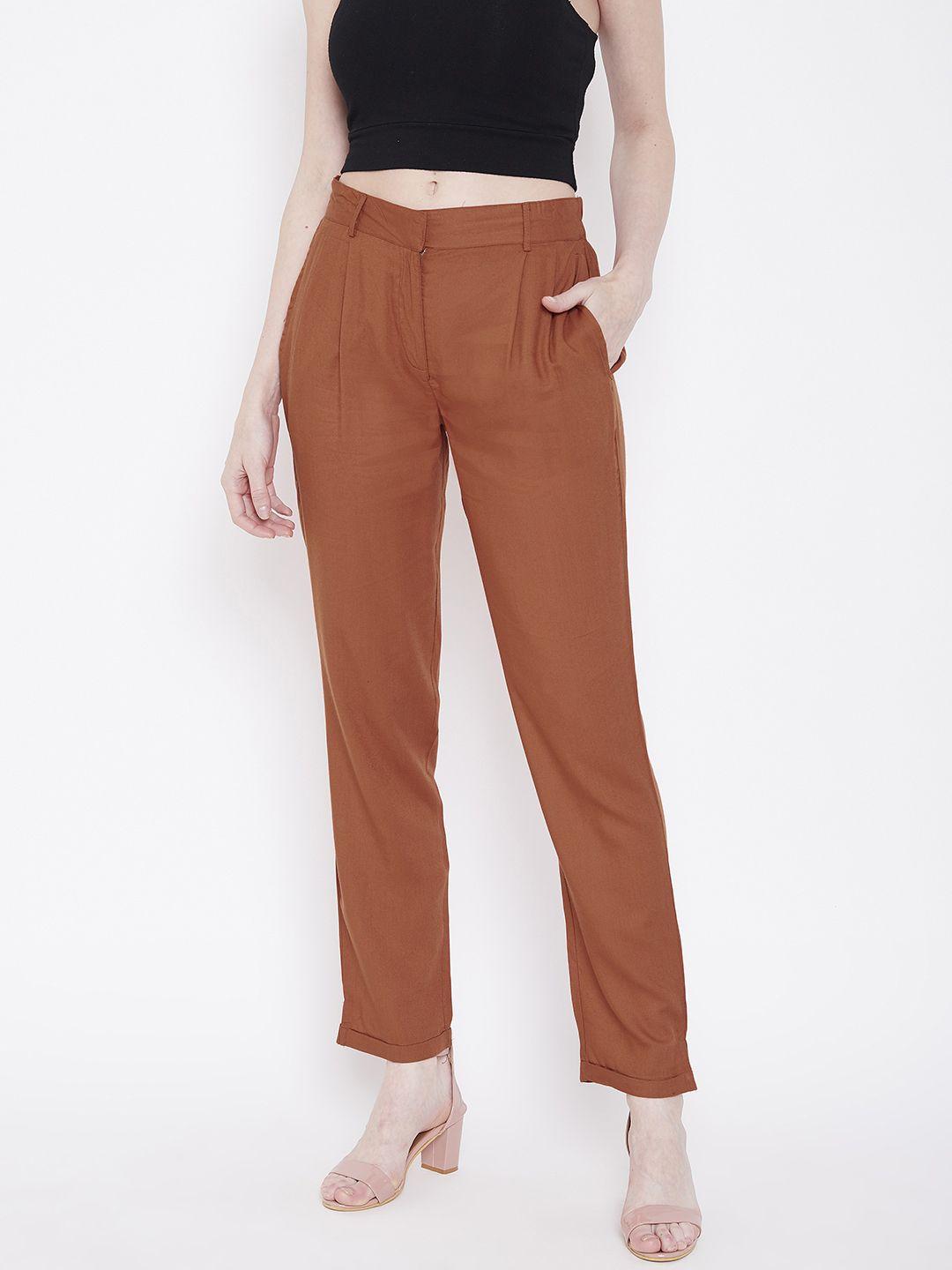 deewa women brown straight fit solid regular trousers