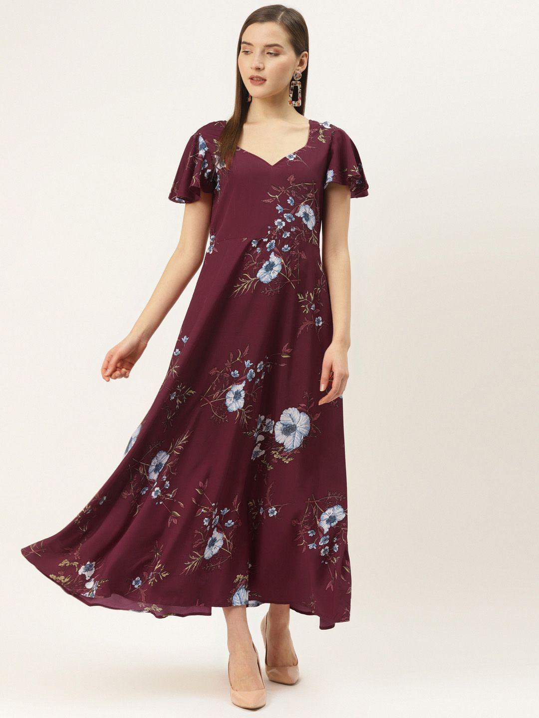 deewa women burgundy & blue floral print maxi dress