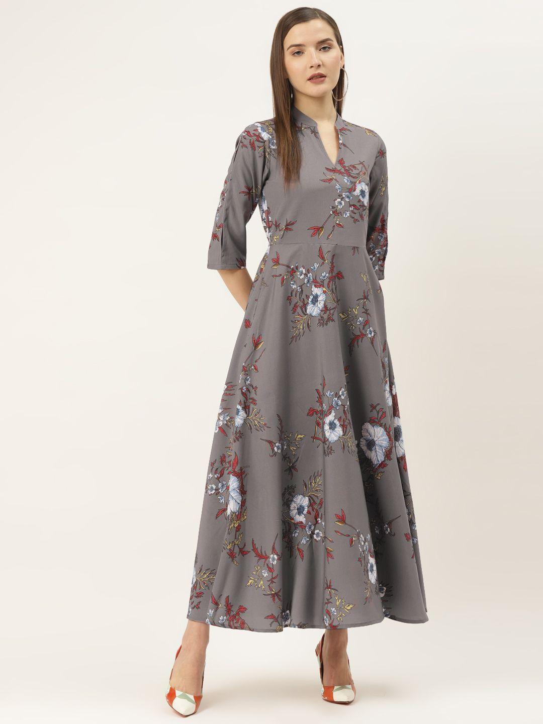 deewa women charcoal grey & blue floral printed maxi dress