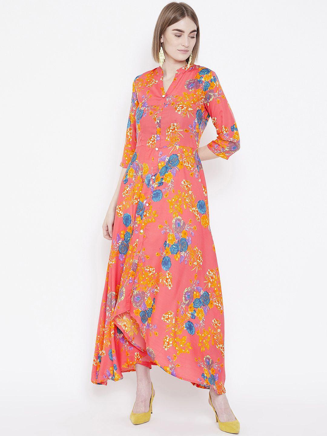 deewa women coral pink & blue floral printed maxi dress