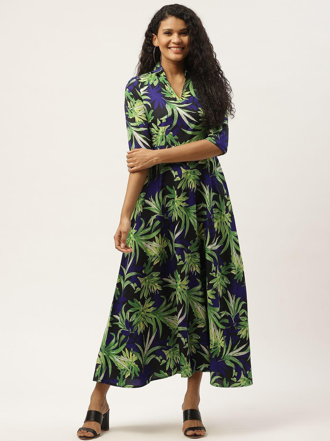 deewa women green & black tropical print shirt maxi dress