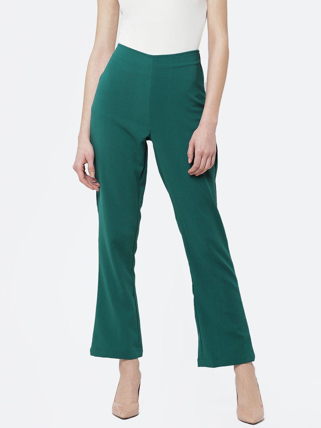 deewa women green regular fit solid bootcut trousers