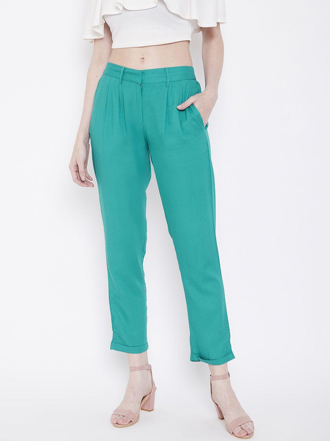 deewa women green straight fit solid regular trousers