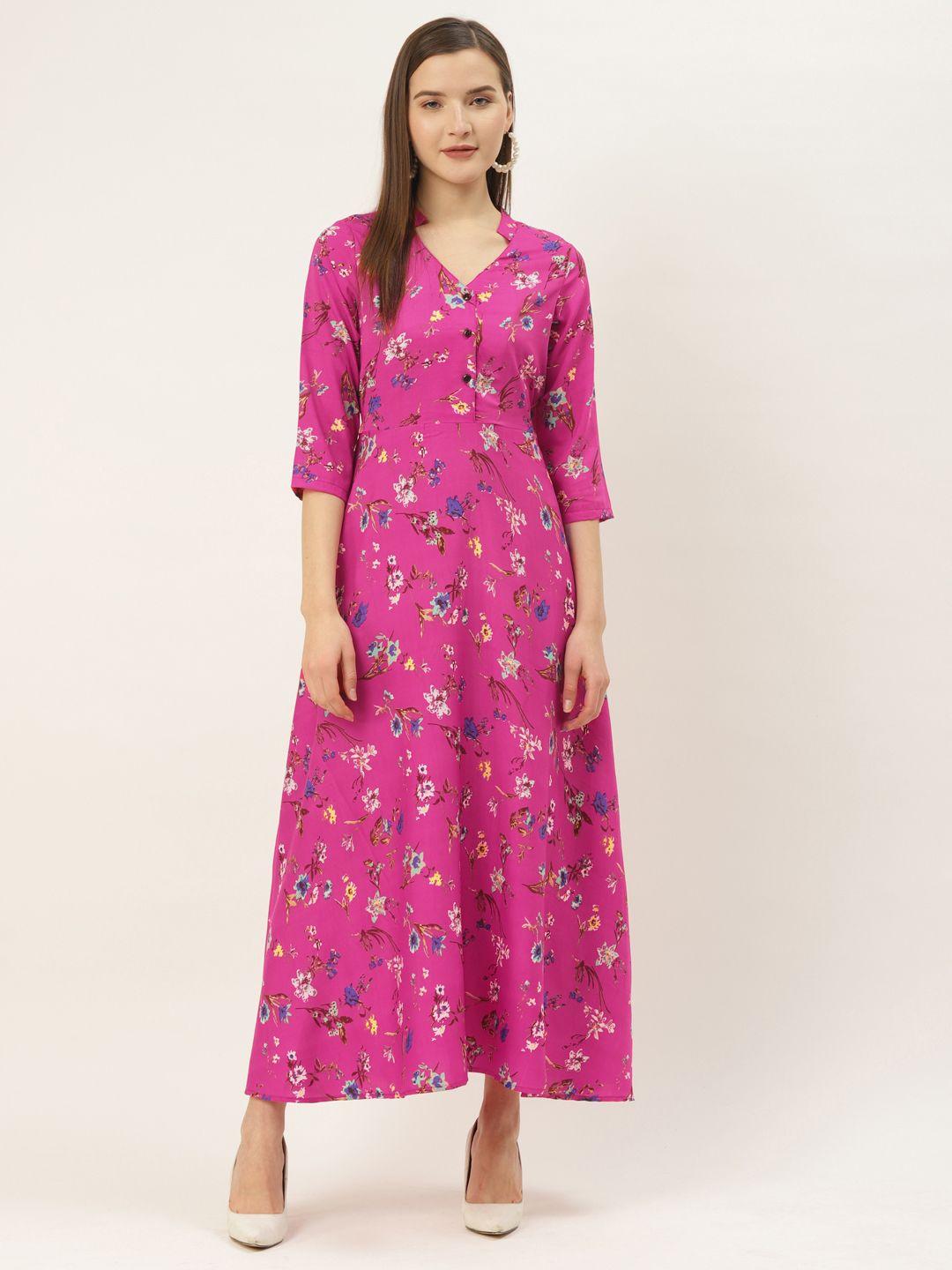 deewa women magenta & blue floral print maxi dress