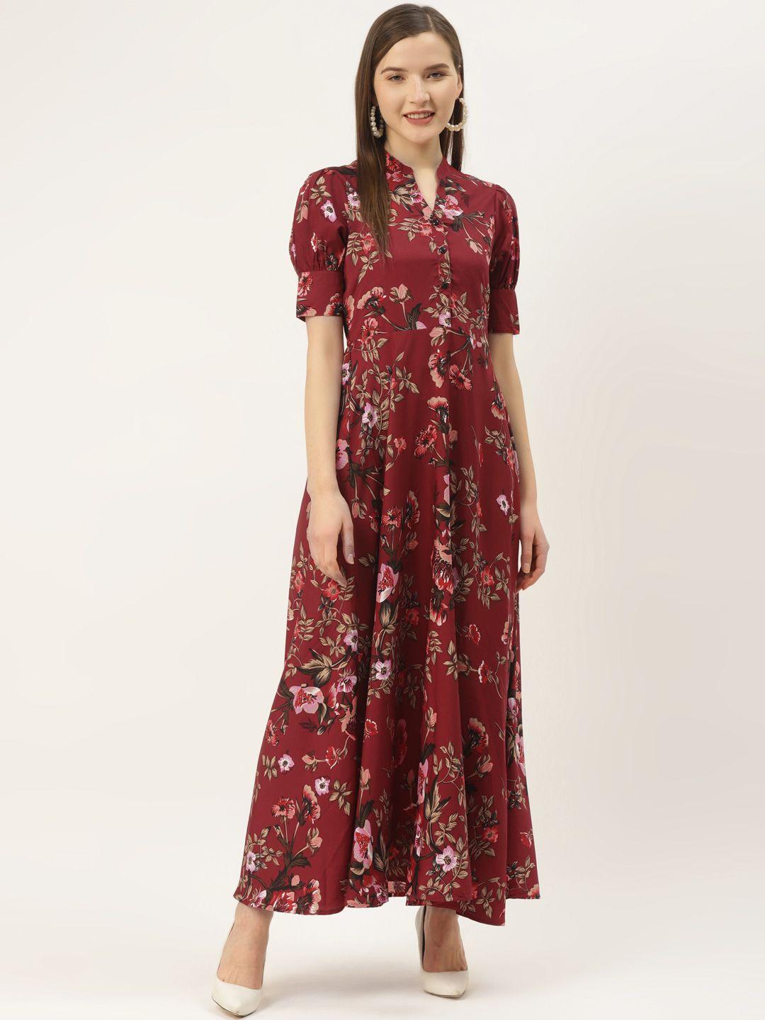 deewa women maroon & olive green floral printed maxi dress