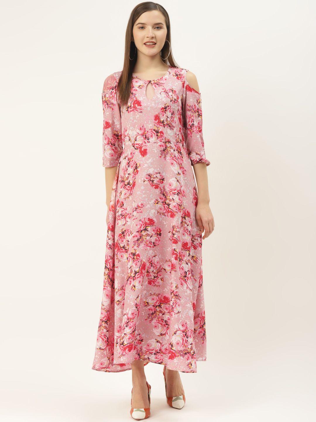 deewa women mauve & pink floral printed cold-shoulder maxi dress