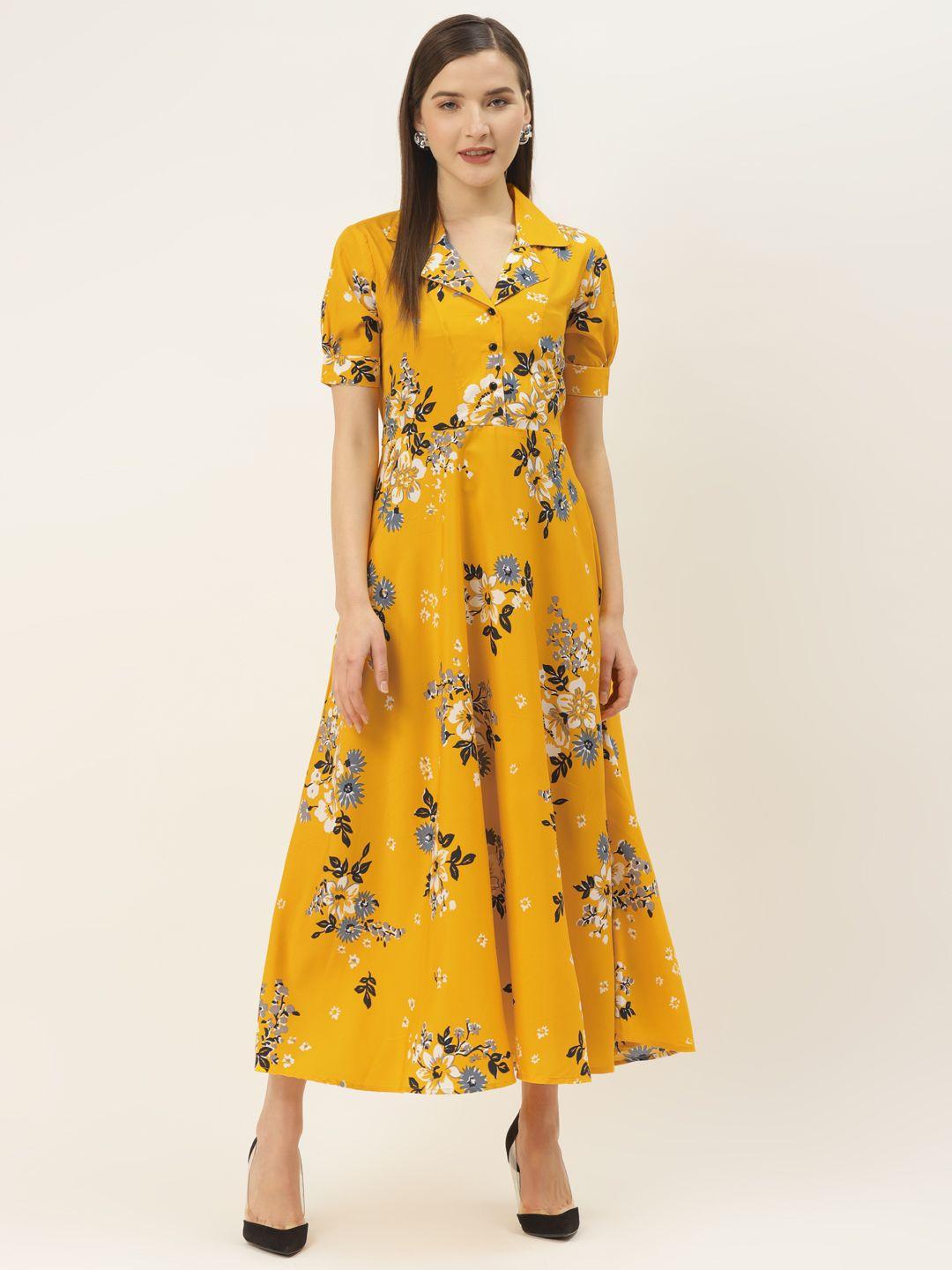 deewa women mustard yellow & off-white floral print maxi dress