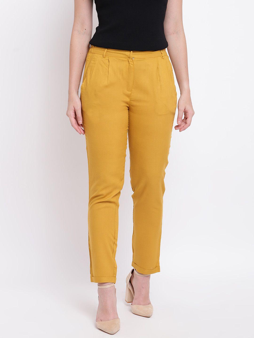 deewa women mustard yellow regular fit solid regular trousers