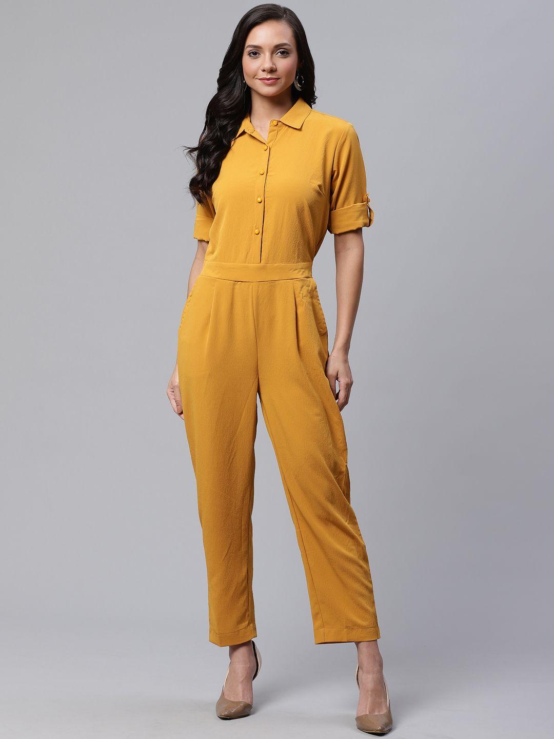 deewa women mustard yellow solid basic jumpsuit