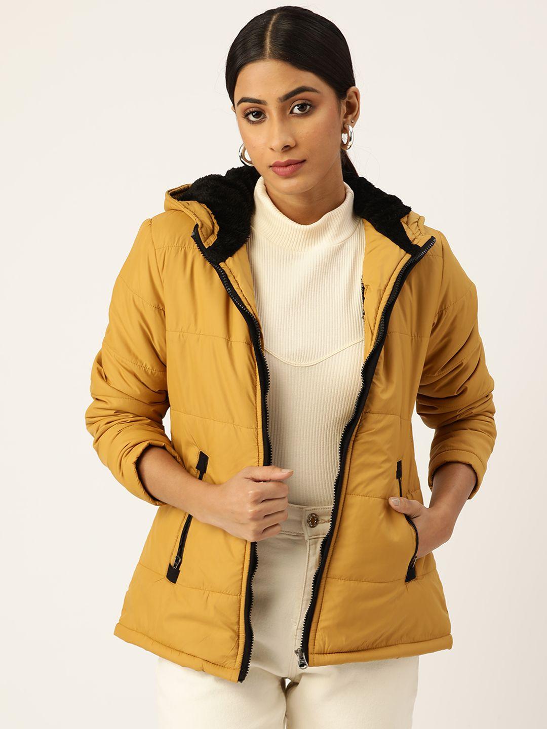 deewa women mustard yellow solid hooded padded jacket