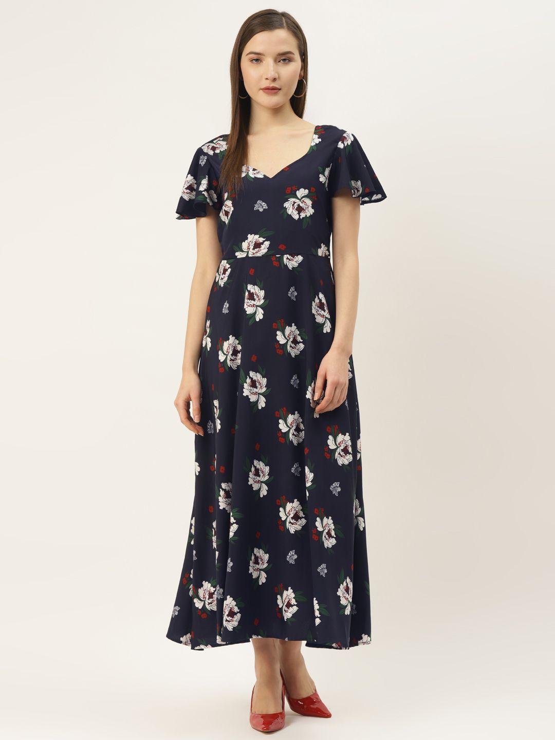 deewa women navy blue & off-white floral print maxi dress
