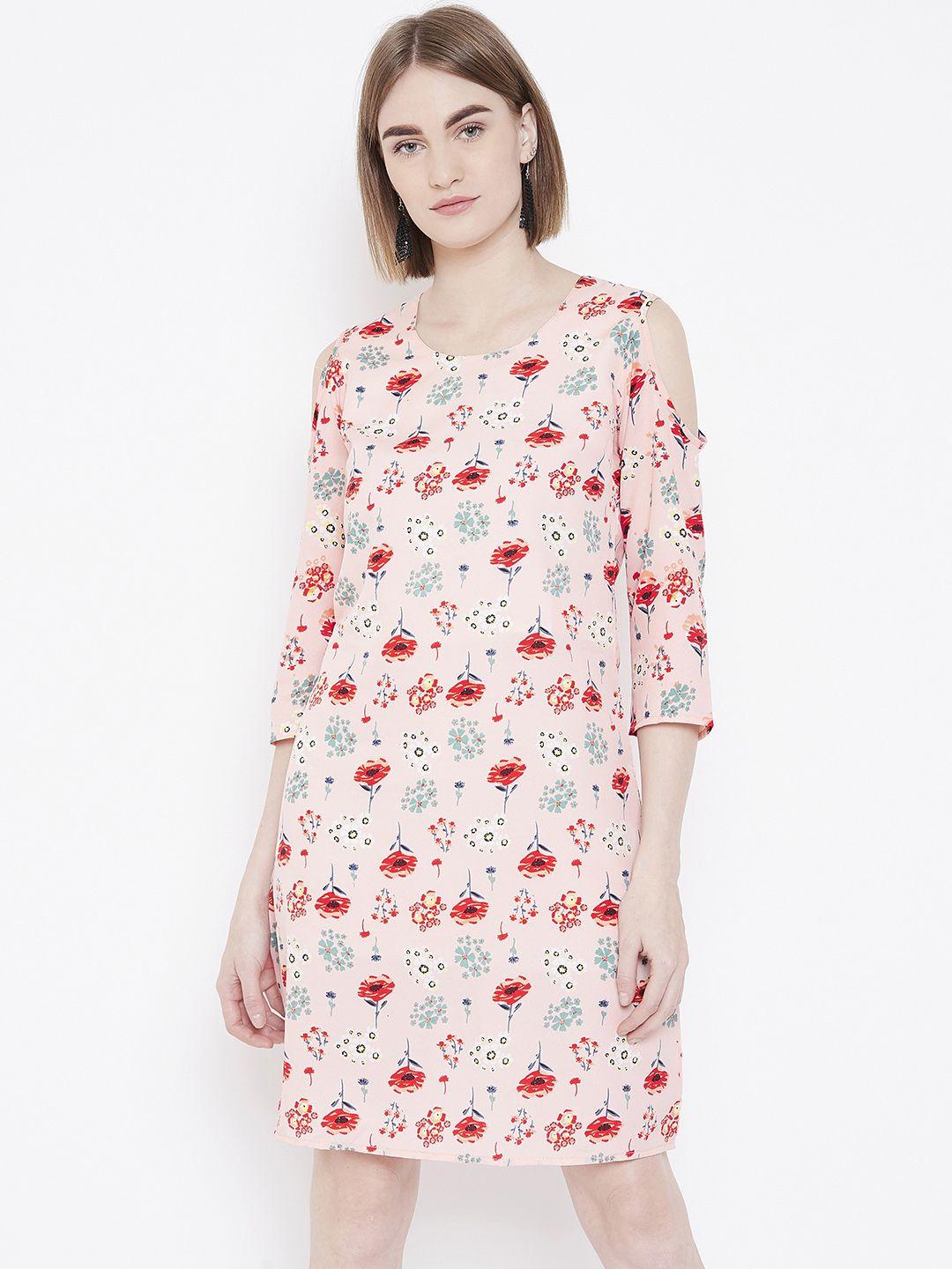 deewa women peach-coloured & red cold-shoulder floral printed a-line dress