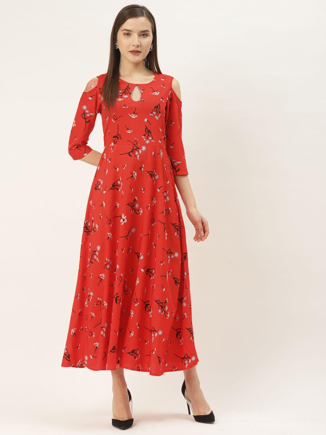 deewa women red & black floral print cold-shoulder maxi dress