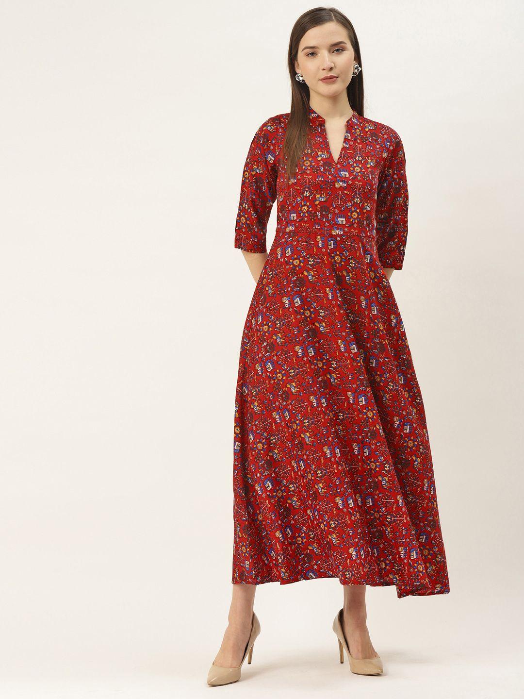 deewa women red & blue quirky print maxi dress