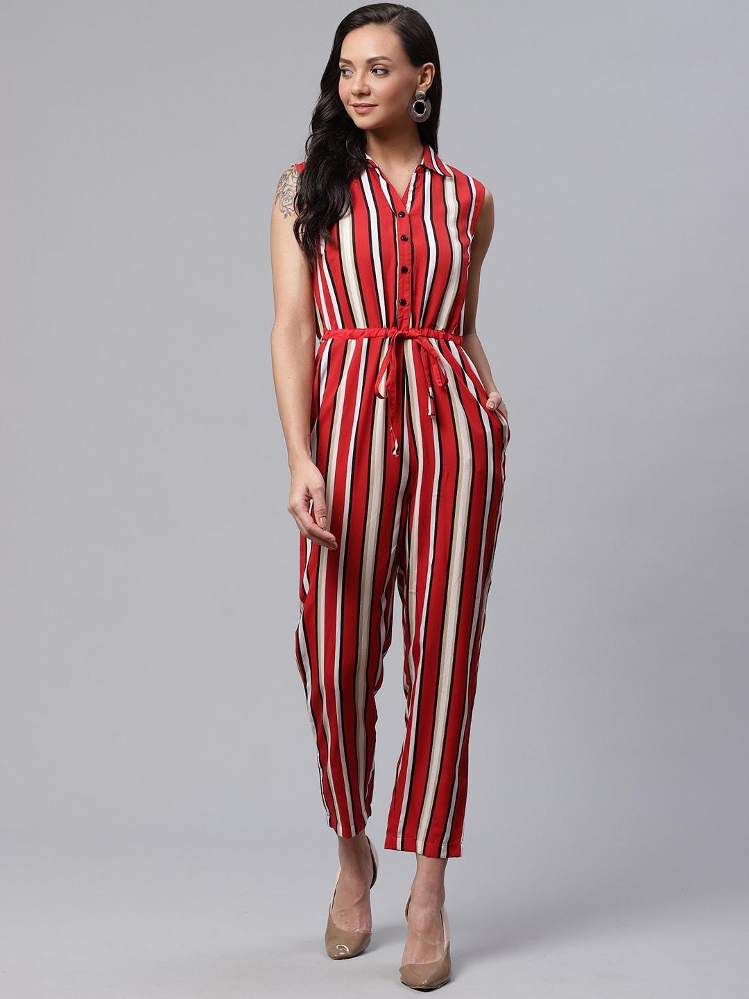 deewa women red & off-white striped basic jumpsuit