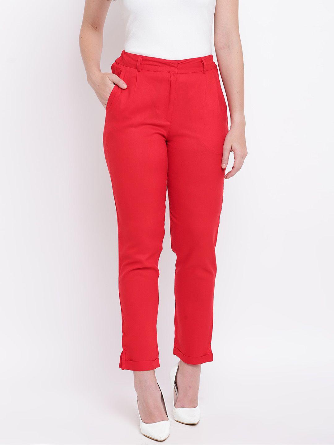 deewa women red regular fit solid regular trousers