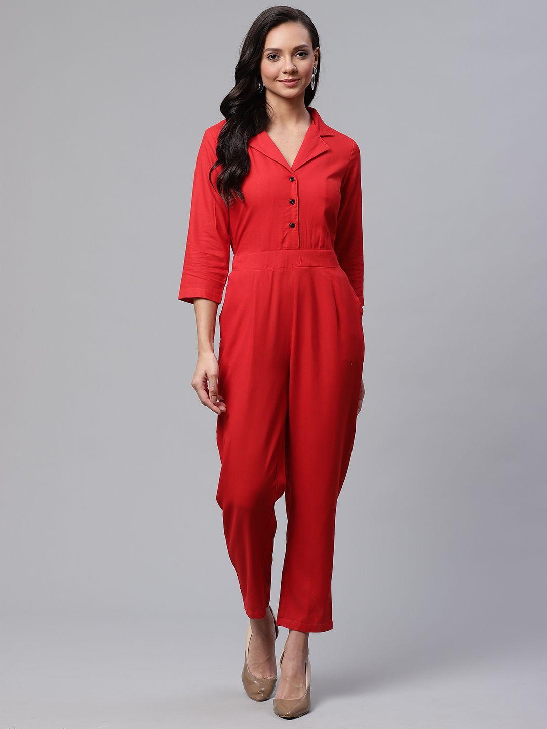 deewa women red solid cropped basic jumpsuit