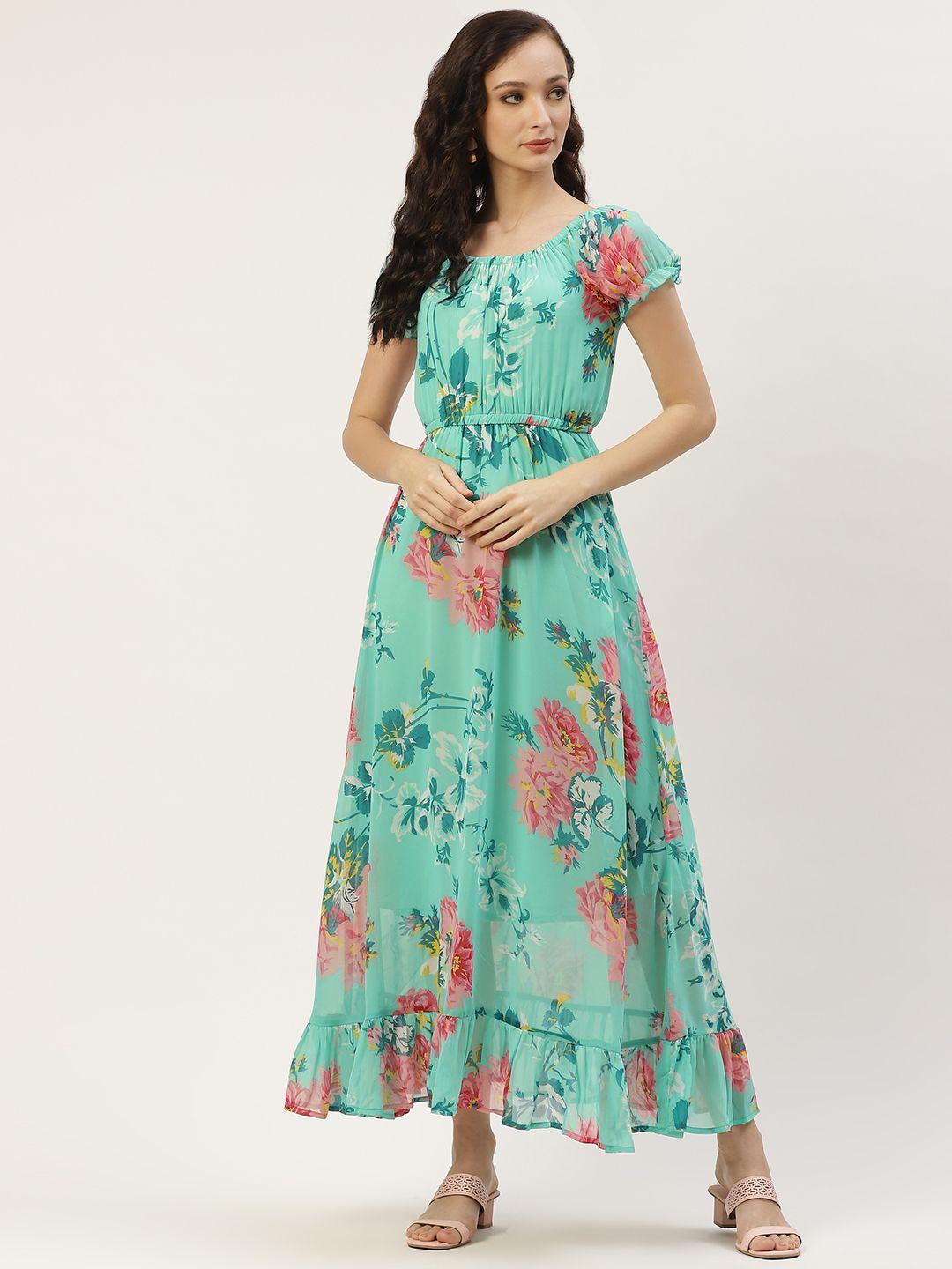 deewa women sea green & pink floral print maxi dress