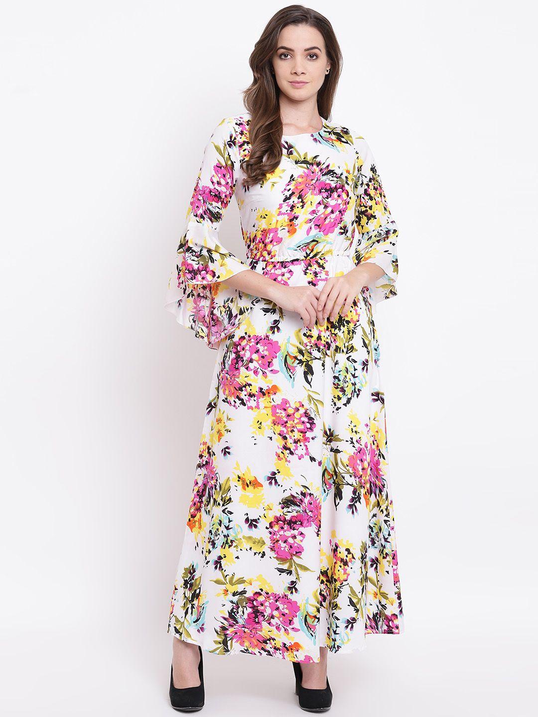 deewa women white & pink floral printed maxi dress