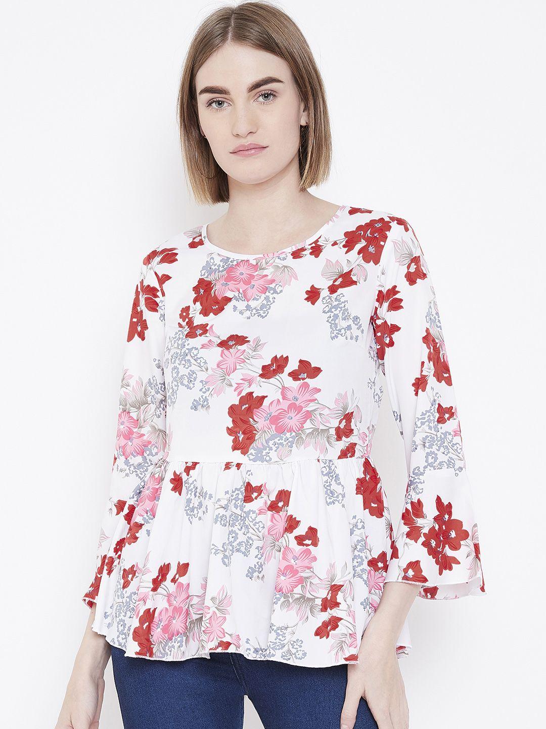deewa women white & red printed a-line top