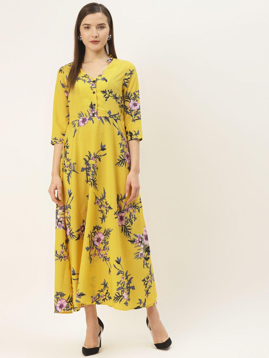 deewa women yellow & blue floral print maxi dress