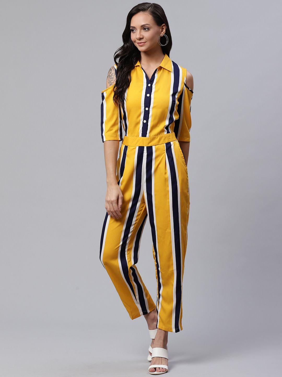 deewa women yellow & navy blue striped cold-shoulder basic jumpsuit