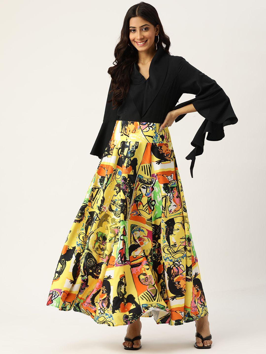 deewa yellow & black printed maxi dress