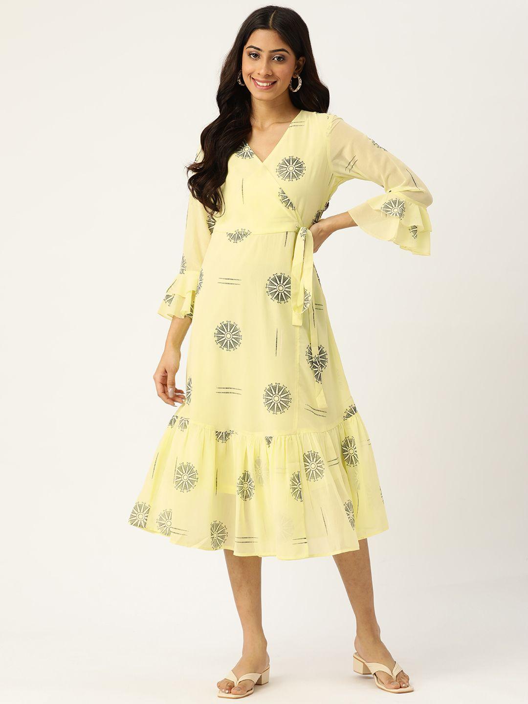 deewa yellow & black printed midi a-line dress