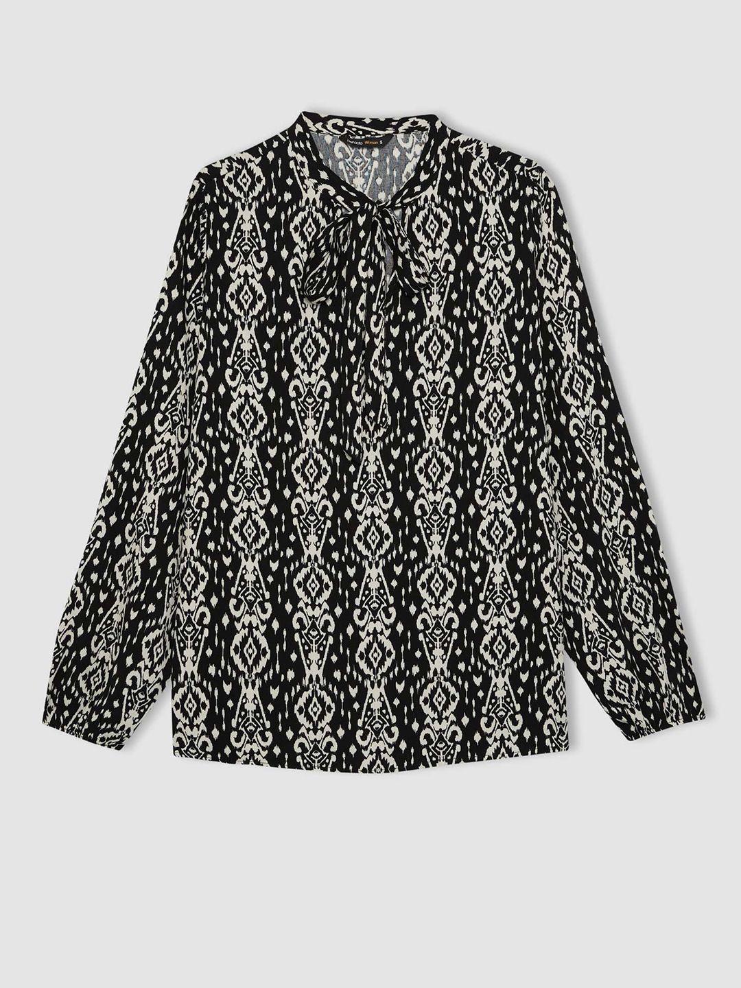 defacto abstract printed tie-up neck puff sleeves top