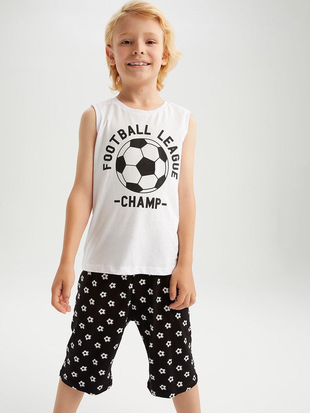 defacto boys white & black printed pure cotton t-shirt with short