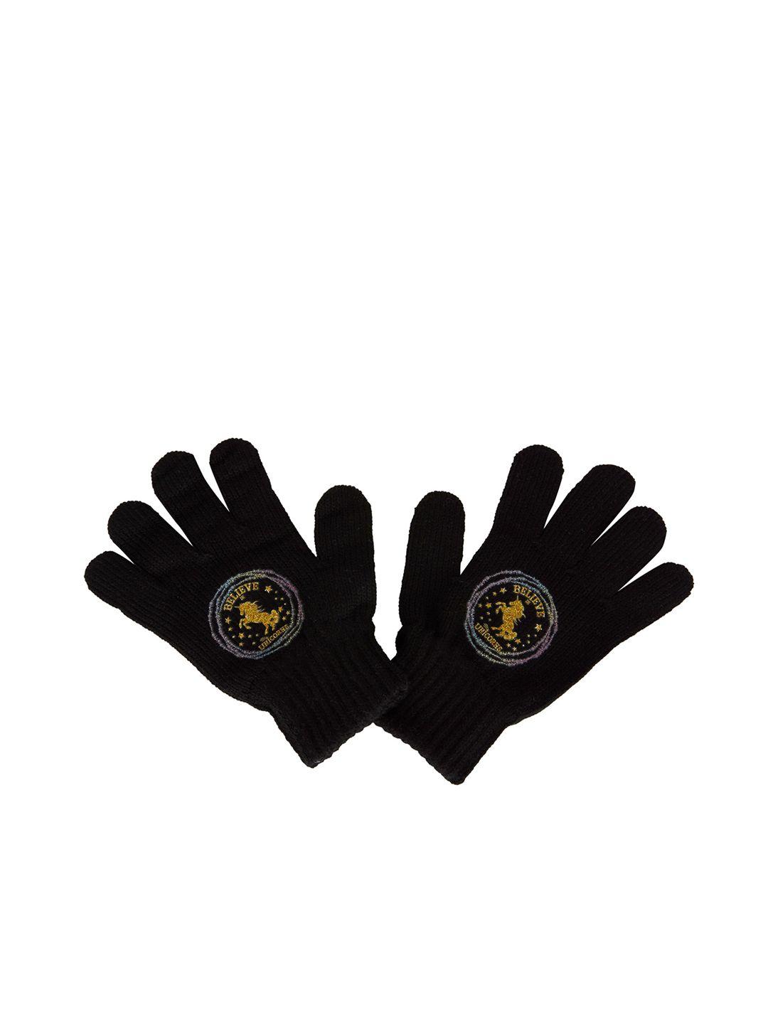 defacto girls black printed winter hand gloves