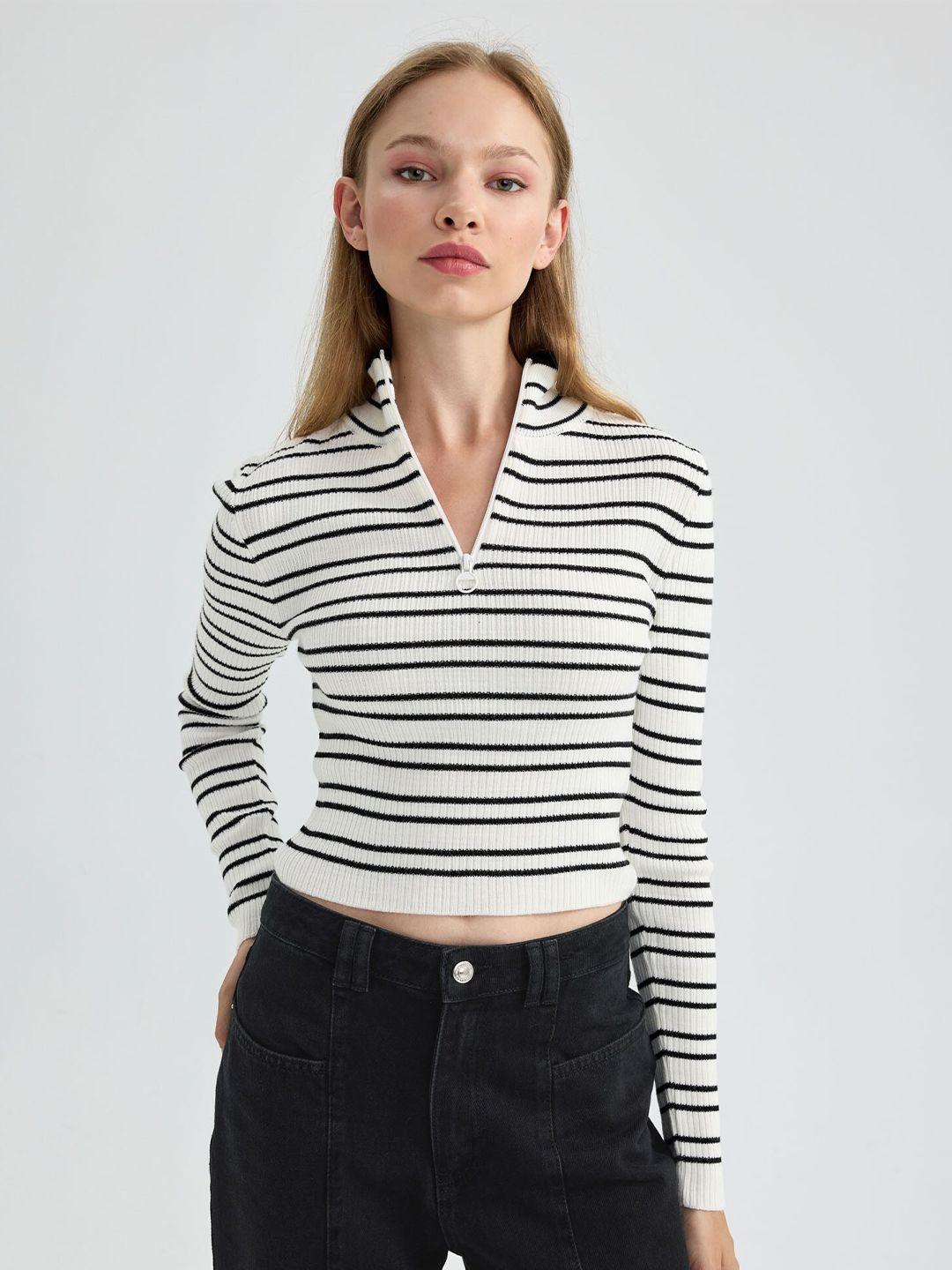 defacto striped mock collar crop pullover sweater
