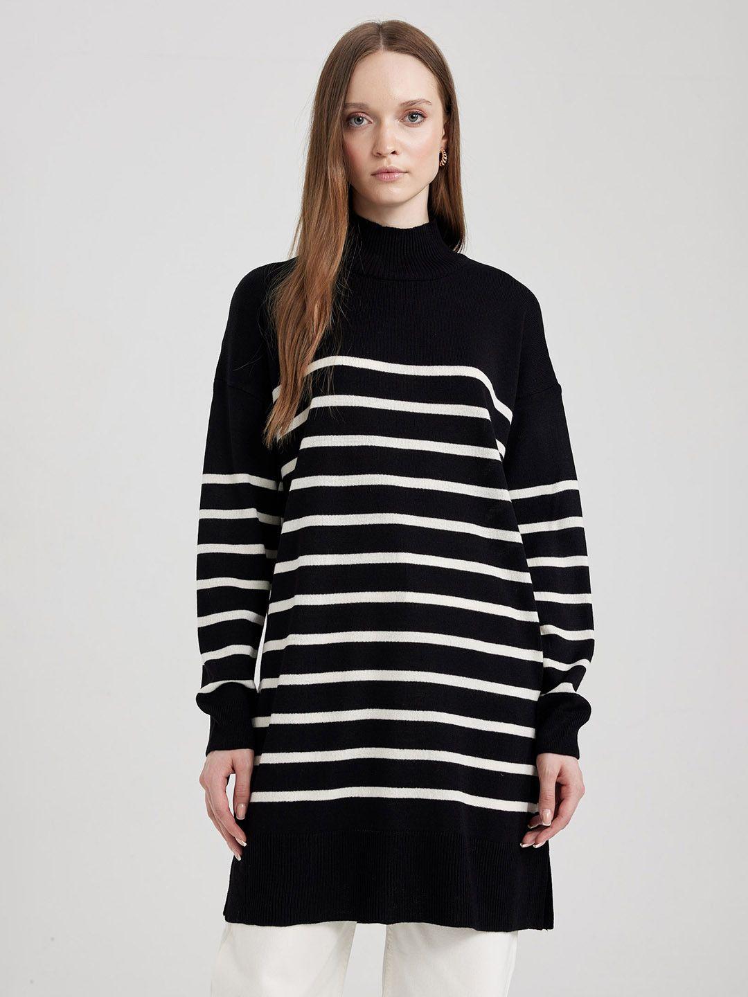 defacto striped turtle neck long sleeves pure acrylic longline pullover sweater